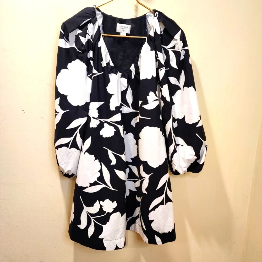 Kate Spade Black and White Floral Long Sleeves V Neck Mini  Dress XS